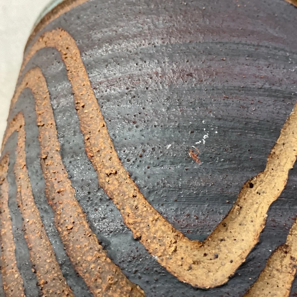 Signed Studio Pottery Vase 8” Blue Carved Stoneware Art Pottery - Picture 7 of 16